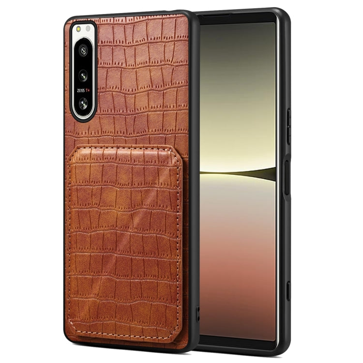 For Sony Xperia 5 IV Denior Imitation Crocodile Leather Back Phone Case with Holder(Brown)