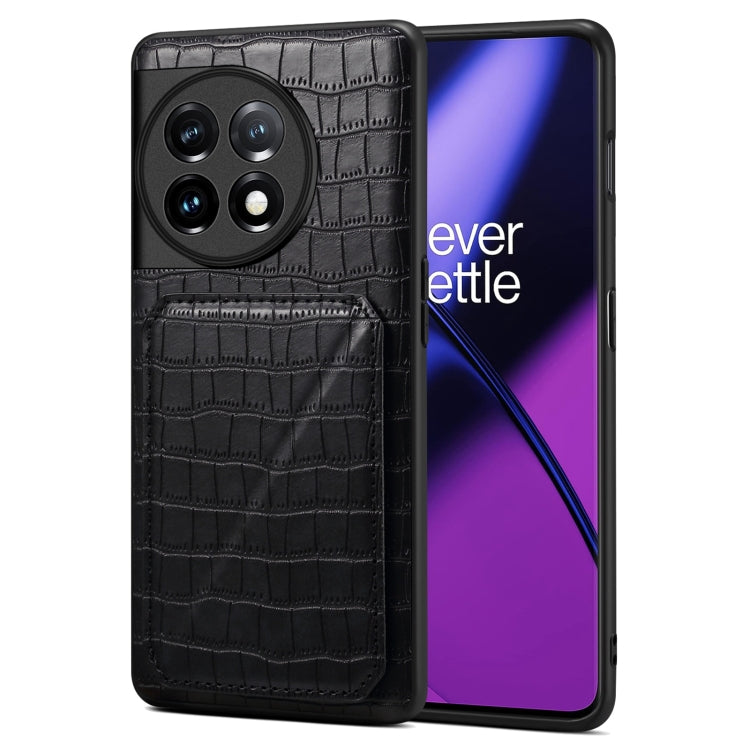 For OnePlus 11 5G Denior Imitation Crocodile Leather Back Phone Case with Holder(Black)