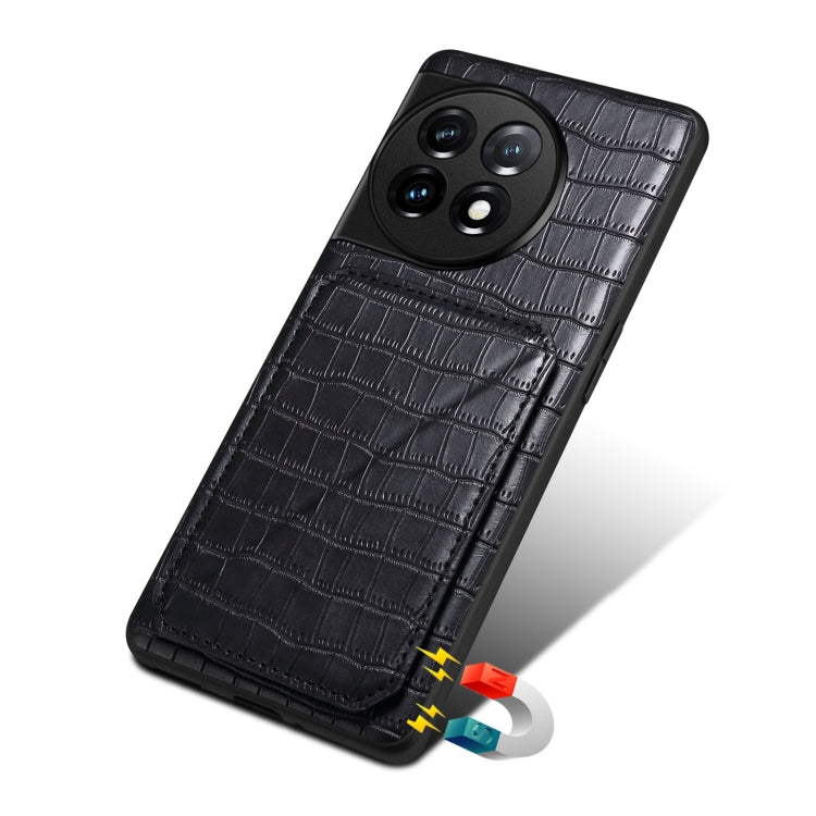 For OnePlus 11 5G Denior Imitation Crocodile Leather Back Phone Case with Holder(Black)
