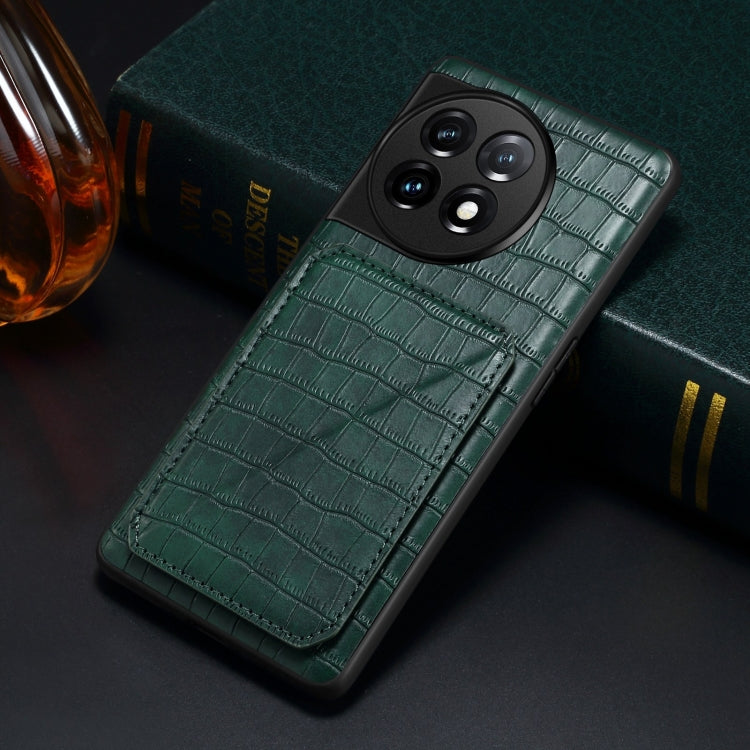 For OnePlus 11 5G Denior Imitation Crocodile Leather Back Phone Case with Holder(Green)