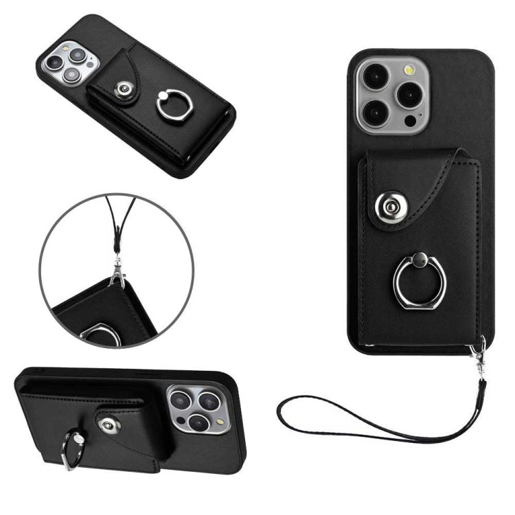 Organ Card Bag Ring Holder PU Phone Case with Lanyard, For iPhone 15 Pro Max, For iPhone 15 Pro, For iPhone 15 Plus, For iPhone 15