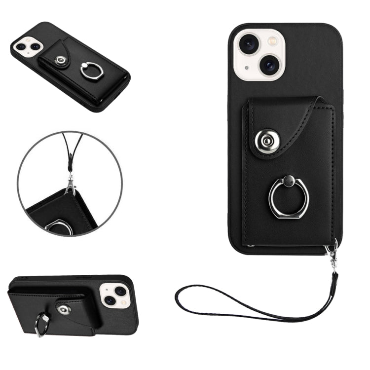 Organ Card Bag Ring Holder PU Phone Case with Lanyard, For iPhone 14 Plus, For iPhone 14, For iPhone 14 Pro, For iPhone 14 Pro Max
