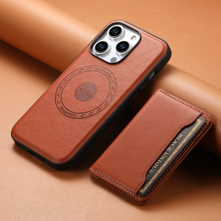 For iPhone 14 Denior Cowhide Texture Leather MagSafe Detachable Wallet Phone Case(Brown)