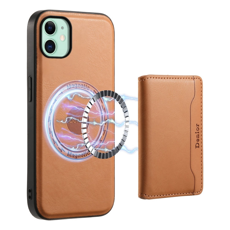 For iPhone 11 Denior Cowhide Texture Leather MagSafe Detachable Wallet Phone Case(Khaki)