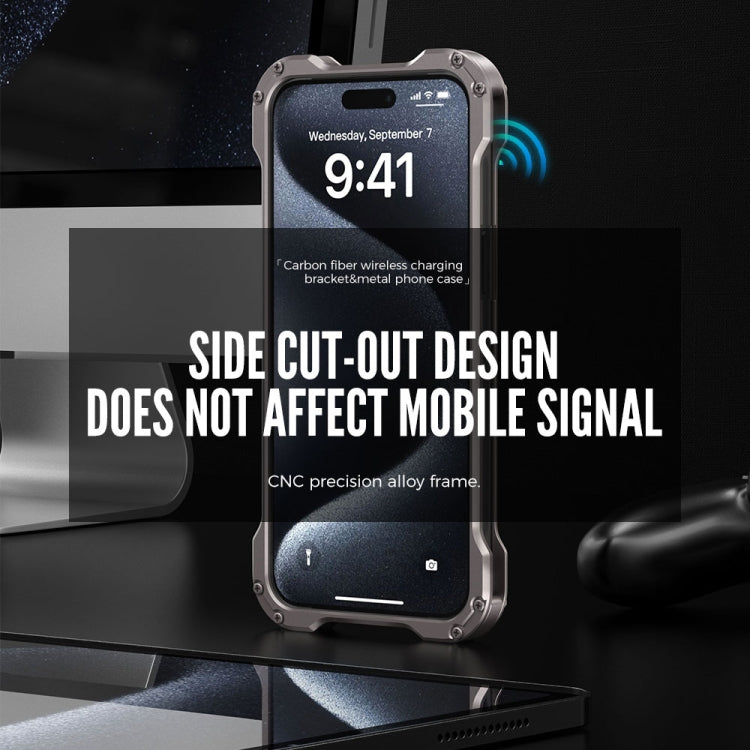 For iPhone 15 Pro Max R-JUST RJ51-1 Hollow Rotating Holder MagSafe Magnetic Metal Phone Case(Silver Grey)