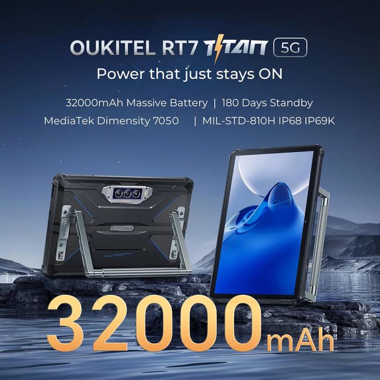 [HK Warehouse] OUKITEL RT7 TITAN 5G Network IP68/IP69K Rugged Tablet, 12GB+512GB, 10.1 inch Android 15 MediaTek Dimensity 7050 Octa Core Support Dual SIM, EU Plug(Black)