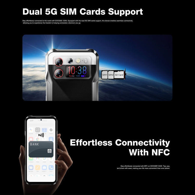 [HK Warehouse] DOOGEE V20S, 12GB+256GB, Side Fingerprint, 6.43 inch Android 13 Dimensity 6020 Octa Core 2.2GHz, Network: 5G, OTG, NFC, Support Google Pay(Black)