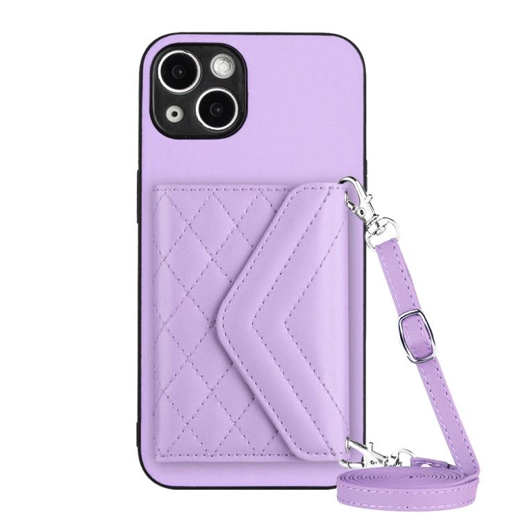 Rhombic Texture Card Bag RFID Phone Case with Long Lanyard, For iPhone 15 Pro Max, For iPhone 15 Pro, For iPhone 15 Plus, For iPhone 15