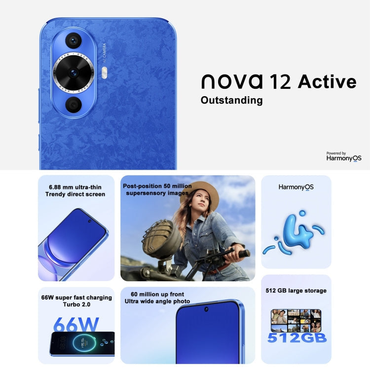 Huawei nova 12 Active, 8GB+256GB, Screen Fingerprint Identification, 6.7 inch HarmonyOS 4.0 Qualcomm Snapdragon 778G 4G Octa Core, Network: 4G, NFC, OTG, Not Support Google Play(Black)