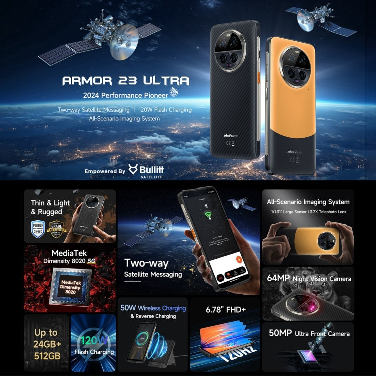 [HK Warehouse] Ulefone Armor 23 Ultra Rugged Phone, 12GB+512GB, 6.78 inch Android 13 MediaTek Dimensity 8020 Octa Core up to 2.6GHz, Network: 5G, NFC, OTG, Satellite Messaging(Umbra Orange)