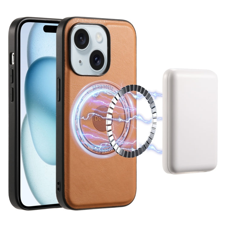 For iPhone 15 Denior Cowhide Texture Leather MagSafe Phone Case(Khaki)