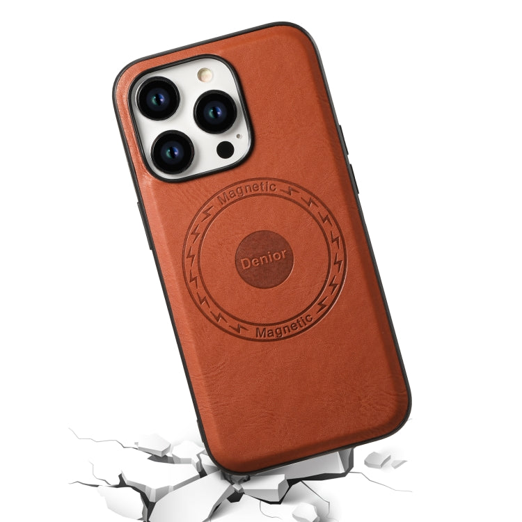 For iPhone 15 Denior Cowhide Texture Leather MagSafe Phone Case(Brown)