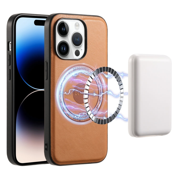 For iPhone 14 Pro Denior Cowhide Texture Leather MagSafe Phone Case(Khaki)
