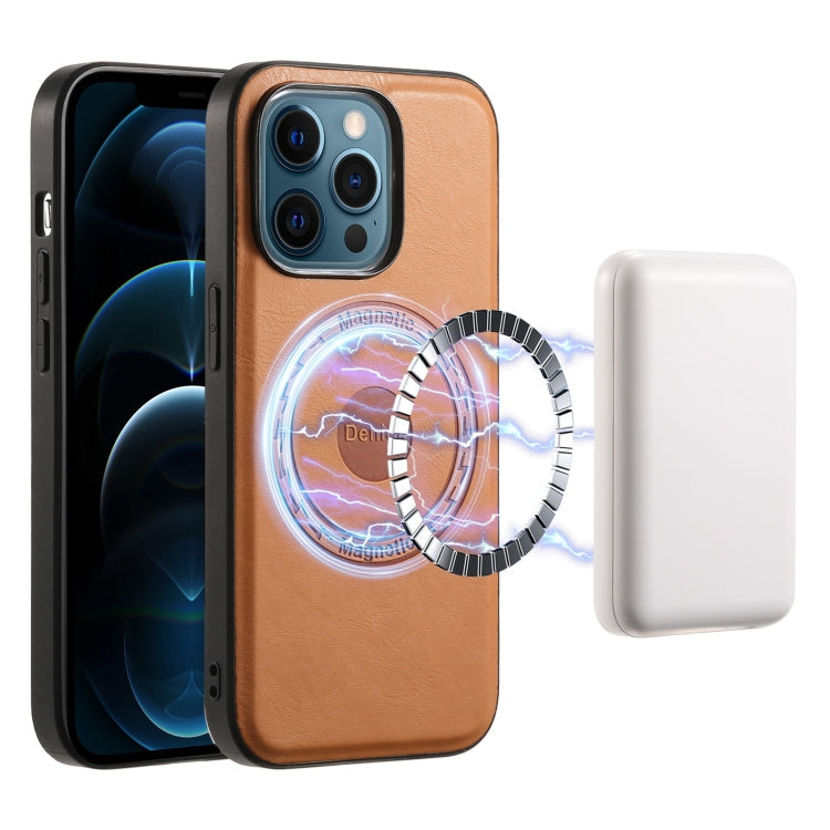 For iPhone 12 Pro Max Denior Cowhide Texture Leather MagSafe Phone Case(Khaki)