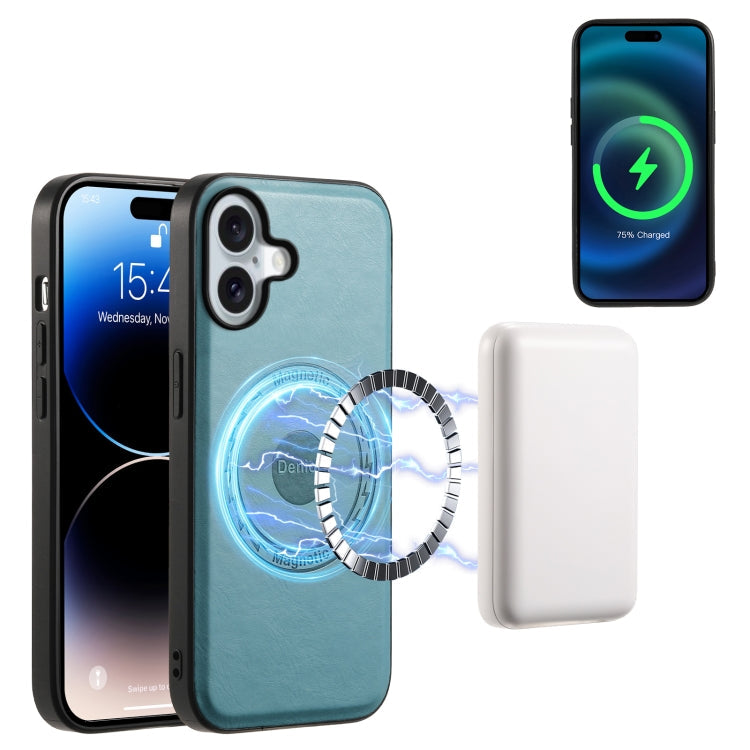For iPhone 16 Denior Cowhide Texture Leather MagSafe Phone Case(Blue)
