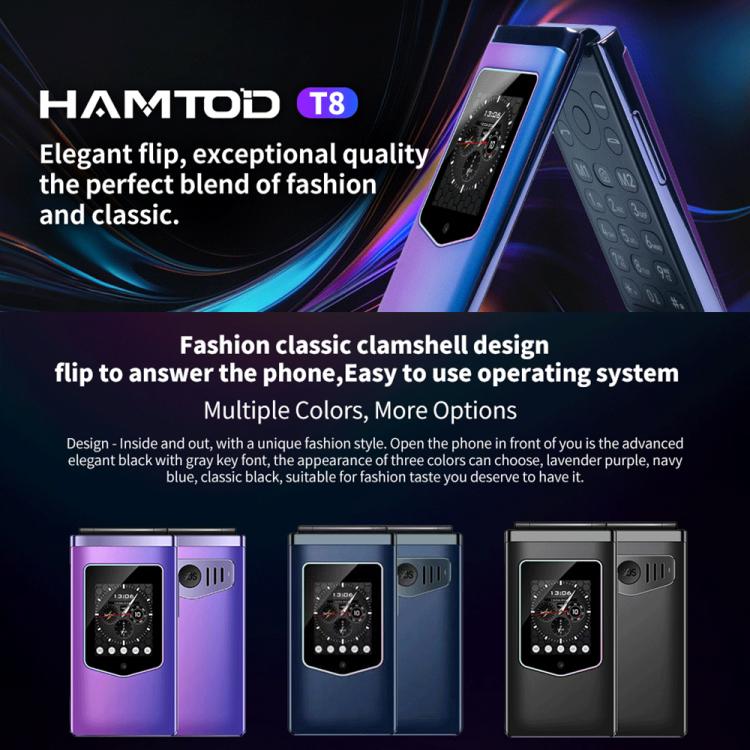HAMTOD T8 4G Flip Phone, EU Version, 2.8 inch + 1.77 inch, VoLTE, BT, SOS, OTG(Purple)