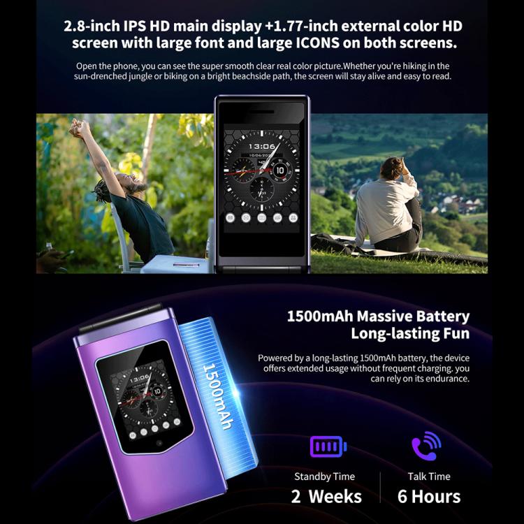 HAMTOD T8 4G Flip Phone, EU Version, 2.8 inch + 1.77 inch, VoLTE, BT, SOS, OTG(Black)
