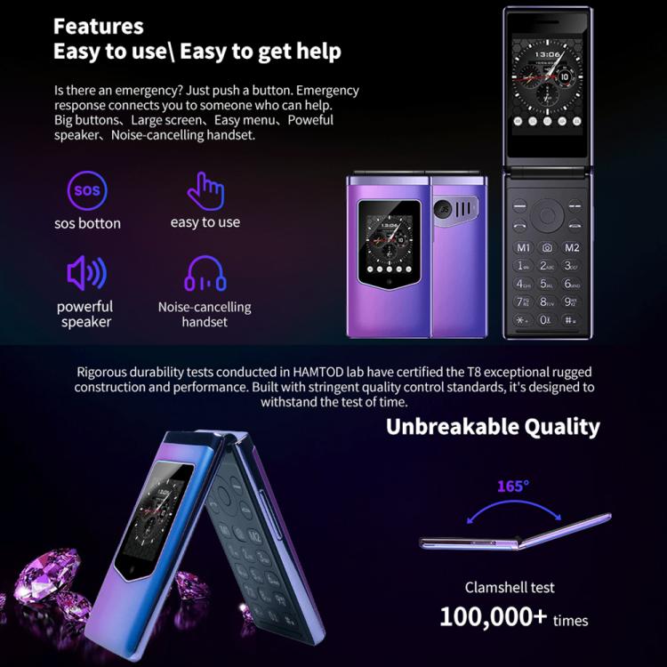 HAMTOD T8 4G Flip Phone, EU Version, 2.8 inch + 1.77 inch, VoLTE, BT, SOS, OTG(Purple)