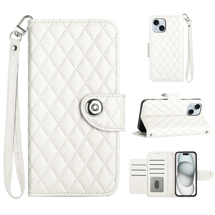 Rhombic Texture Flip Leather Phone Case with Lanyard, For iPhone 15, For iPhone 14 Plus, For iPhone 14, For iPhone 14 Pro