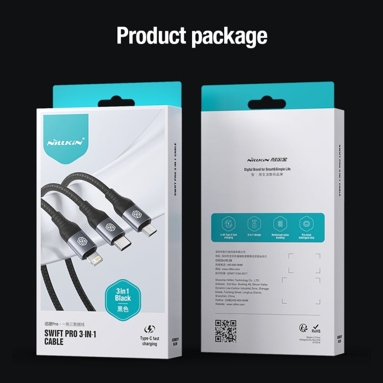 Nillkin Swift Pro 1m 3 in 1 USB to 8 Pin + Type-C + Micro USB Fast Charging Cable(Black)