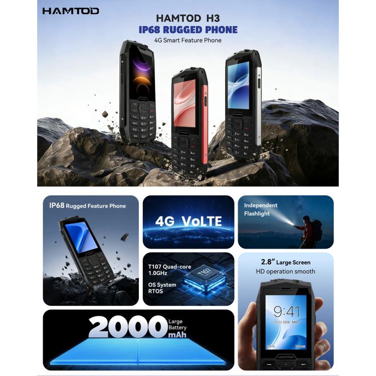 HAMTOD H3 Rugged Phone, EU Version, 2.8 inch T107 ARM CortexTM A7 Quad-core 1.0GHz, Network: 4G, VoLTE, BT, SOS(Red)