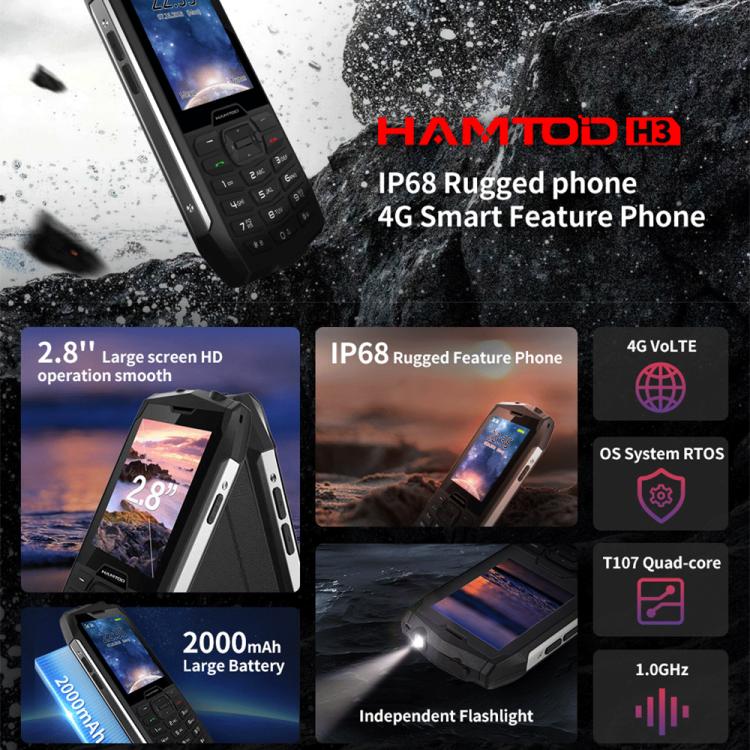 HAMTOD H3 Rugged Phone, EU Version, 2.8 inch T107 ARM CortexTM A7 Quad-core 1.0GHz, Network: 4G, VoLTE, BT, SOS(Red)