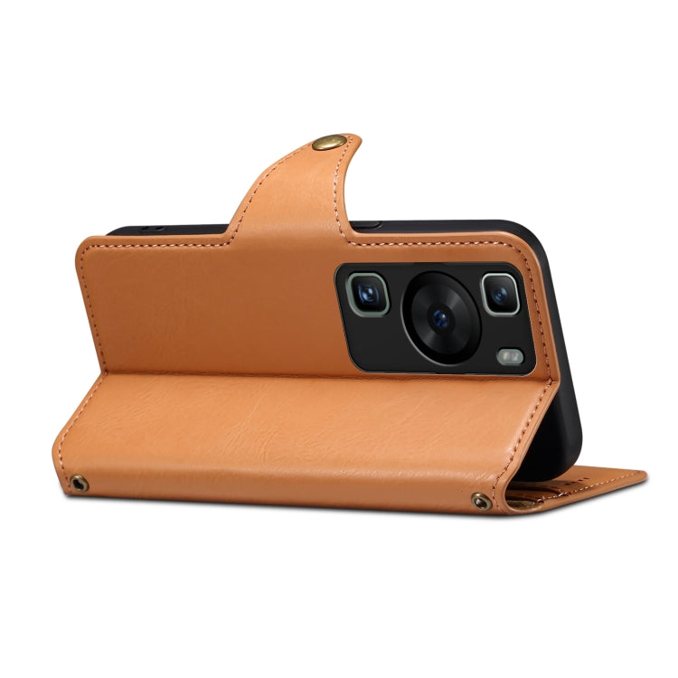 For Huawei P60 Denior Cowhide Texture Wallet Style Leather Phone Case(Khaki)