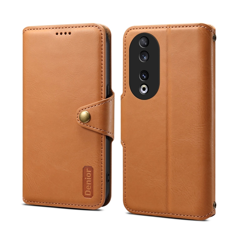 For Honor 90 Denior Cowhide Texture Wallet Style Leather Phone Case(Khaki)