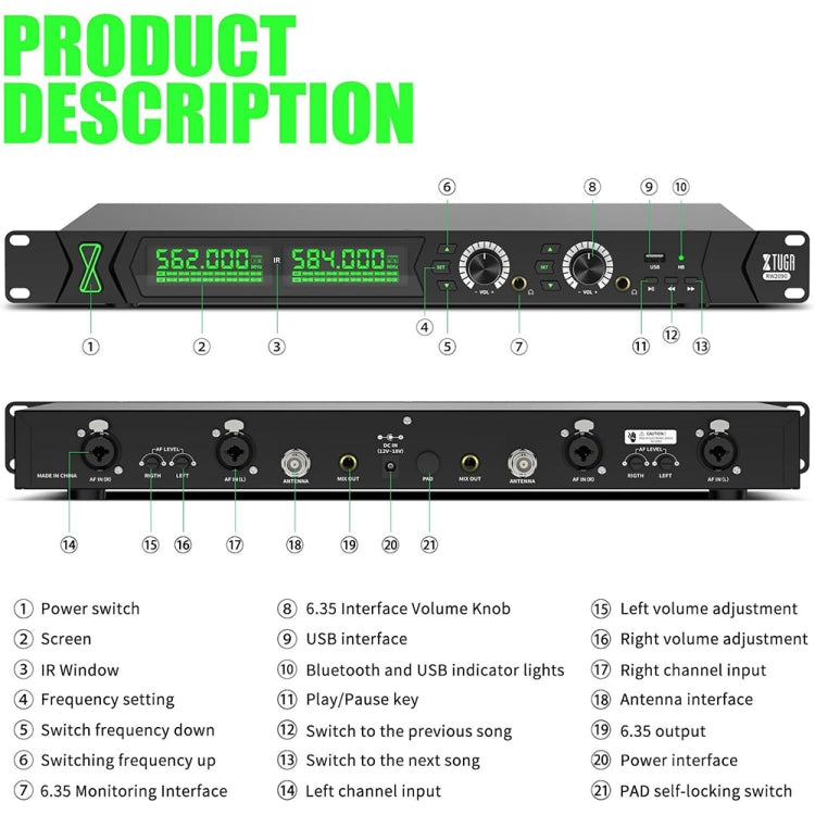 XTUGA RW2090 Professional Stage Wireless 2 Channel In Ear Monitoring System 2 in 1(AU Plug)
