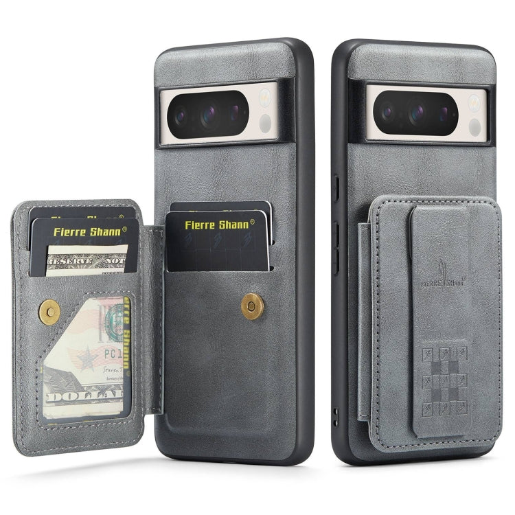 For Google Pixel 8 Pro Fierre Shann Oil Wax Cow Leather Card Holder Back Phone Case(Grey)