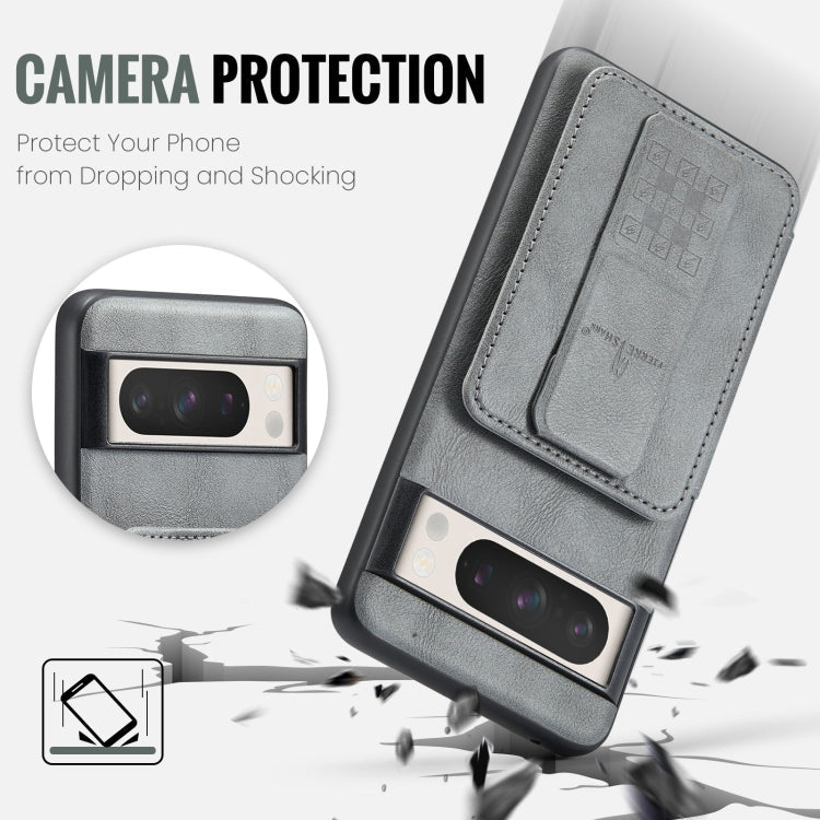 For Google Pixel 8 Pro Fierre Shann Oil Wax Cow Leather Card Holder Back Phone Case(Grey)