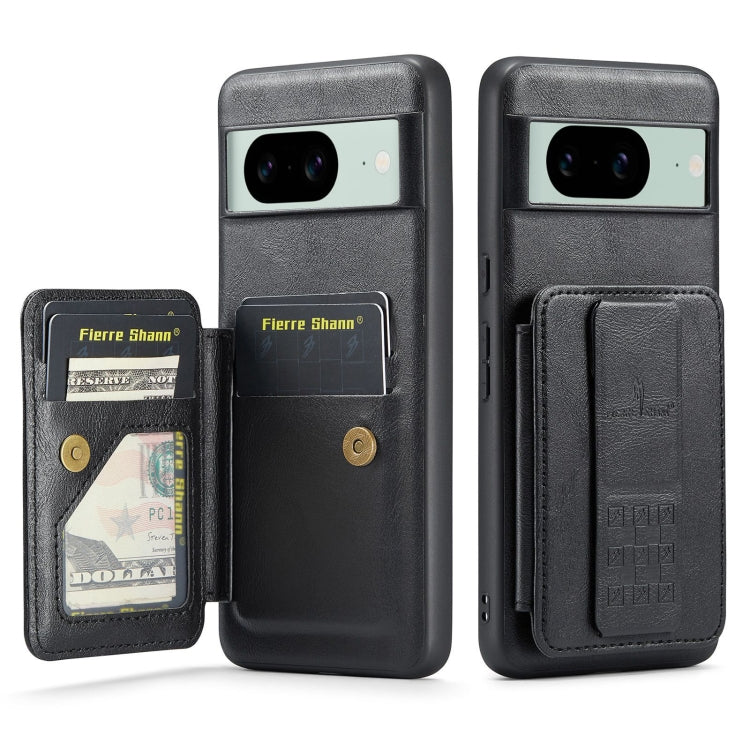 For Google Pixel 8 Fierre Shann Oil Wax Cow Leather Card Holder Back Phone Case(Black)