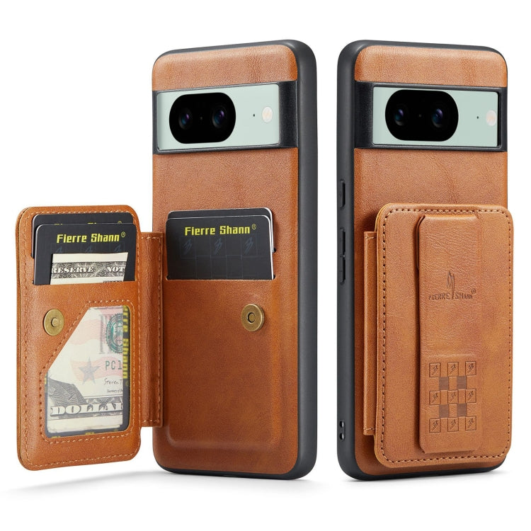 For Google Pixel 8 Fierre Shann Oil Wax Cow Leather Card Holder Back Phone Case(Brown)