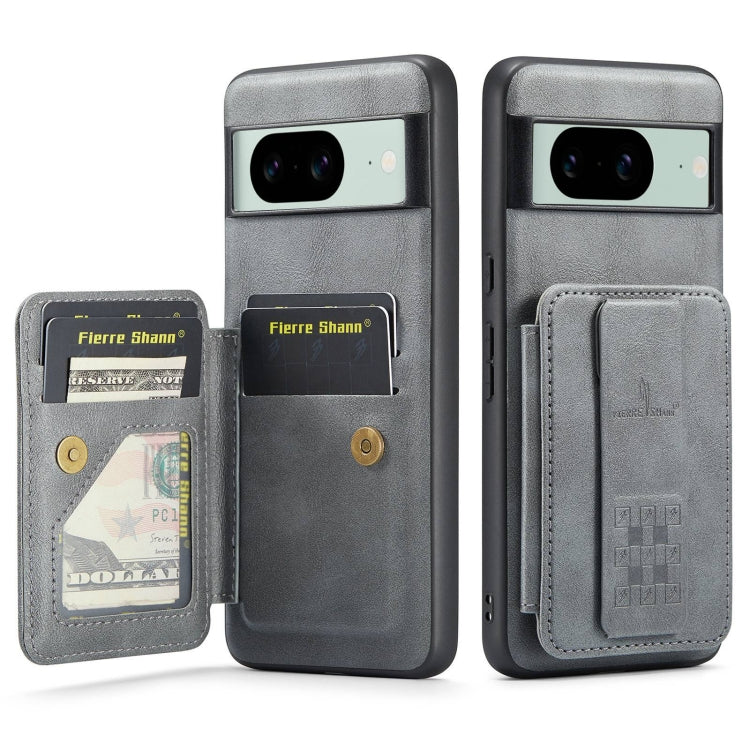 For Google Pixel 7a Fierre Shann Oil Wax Cow Leather Card Holder Back Phone Case(Grey)