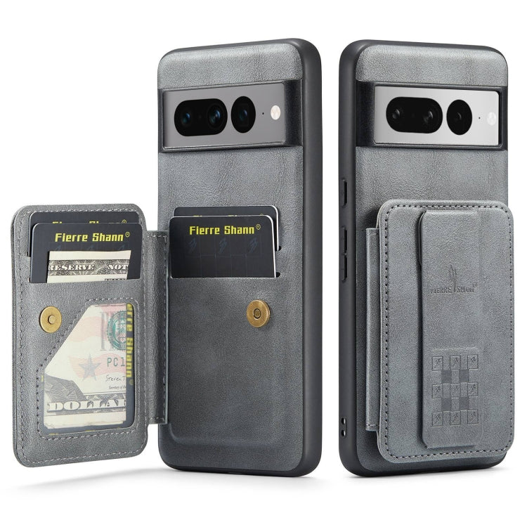 For Google Pixel 7 Pro Fierre Shann Oil Wax Cow Leather Card Holder Back Phone Case(Grey)