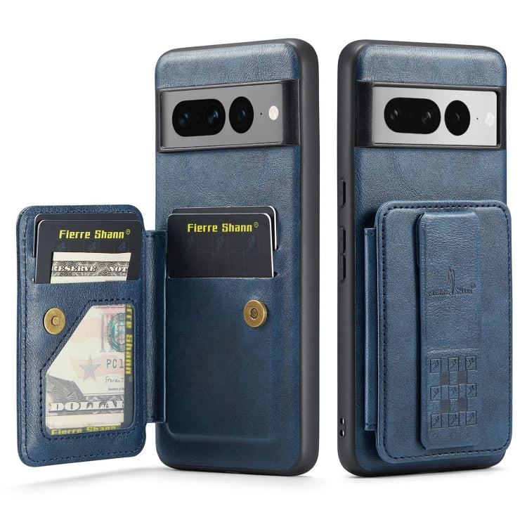 For Google Pixel 7 Pro Fierre Shann Oil Wax Cow Leather Card Holder Back Phone Case(Blue)