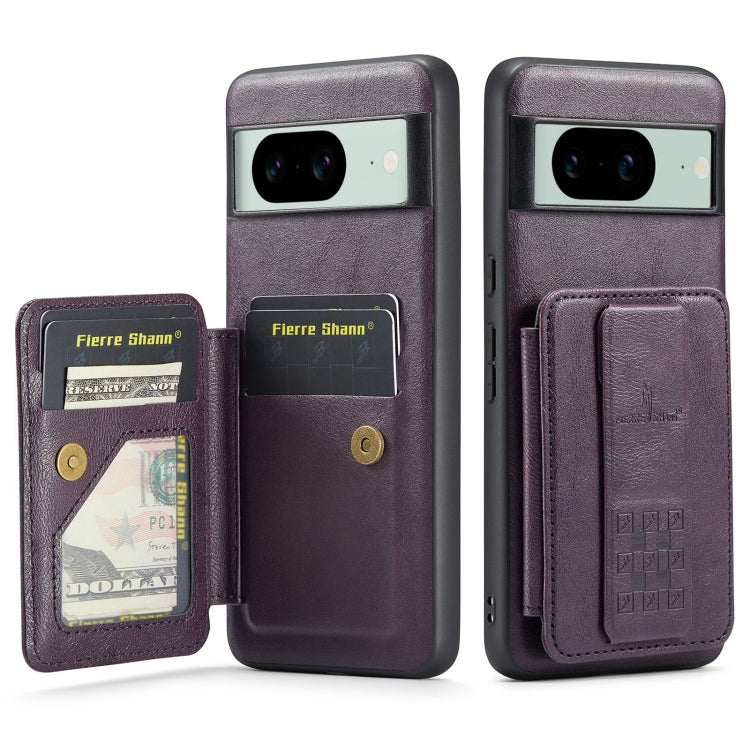 For Google Pixel 7 Fierre Shann Oil Wax Cow Leather Card Holder Back Phone Case(Purple)