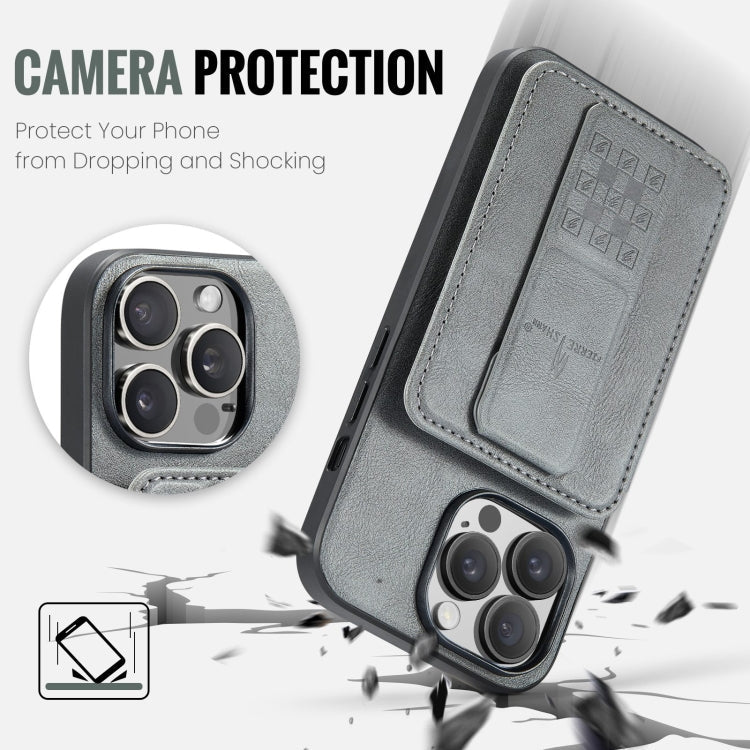 For iPhone 15 Pro Max Fierre Shann Oil Wax Cow Leather Card Holder Back Phone Case(Grey)