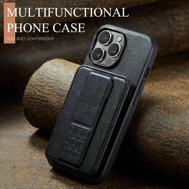 For iPhone 15 Pro Fierre Shann Oil Wax Cow Leather Card Holder Back Phone Case(Black)