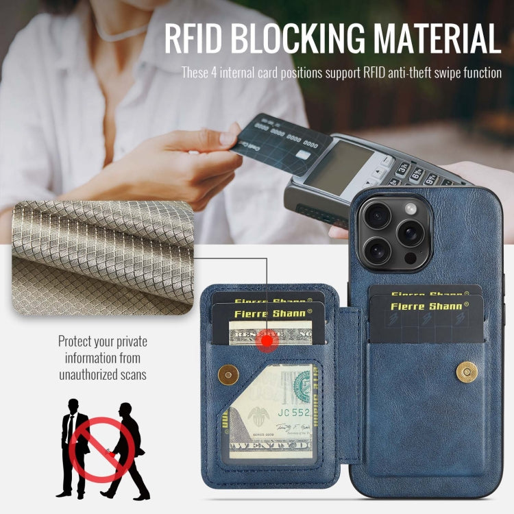 For iPhone 15 Pro Fierre Shann Oil Wax Cow Leather Card Holder Back Phone Case(Blue)