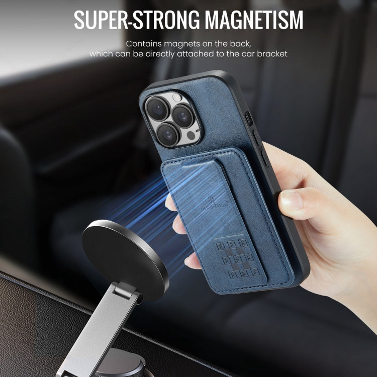 For iPhone 15 Pro Fierre Shann Oil Wax Cow Leather Card Holder Back Phone Case(Blue)