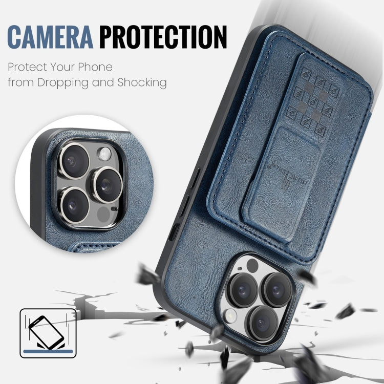 For iPhone 15 Pro Fierre Shann Oil Wax Cow Leather Card Holder Back Phone Case(Blue)