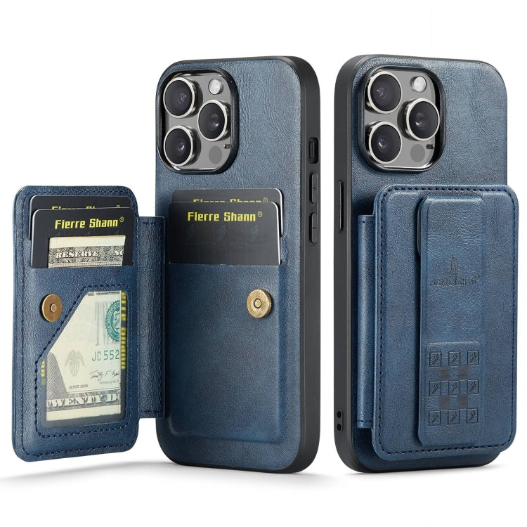 For iPhone 15 Pro Fierre Shann Oil Wax Cow Leather Card Holder Back Phone Case(Blue)