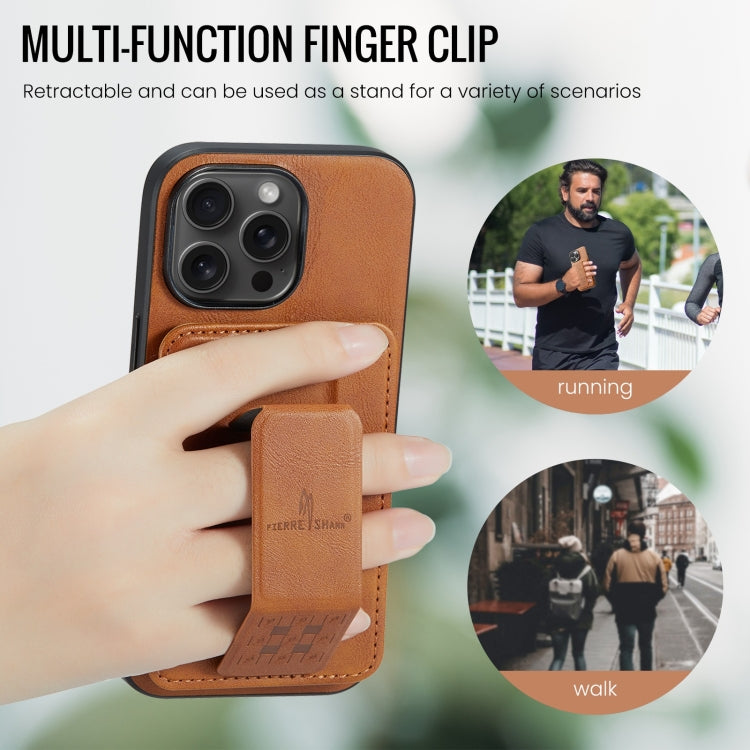 For iPhone 15 Pro Fierre Shann Oil Wax Cow Leather Card Holder Back Phone Case(Brown)