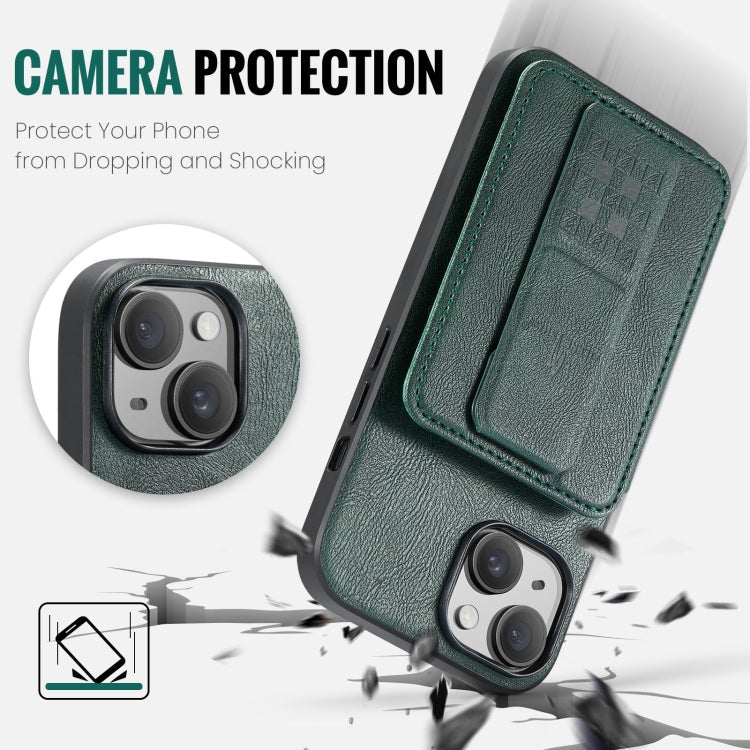 For iPhone 15 Plus Fierre Shann Oil Wax Cow Leather Card Holder Back Phone Case(Green)