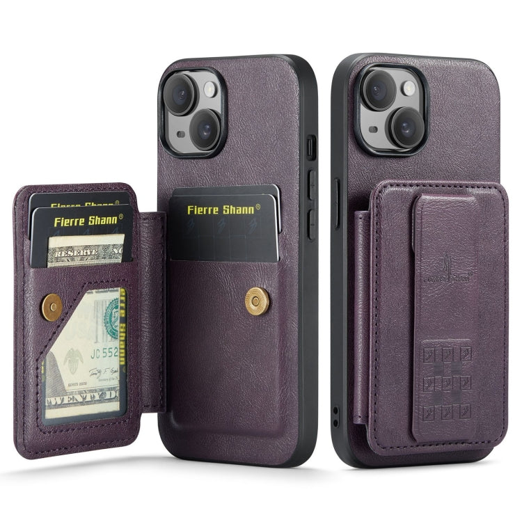 For iPhone 15 Plus Fierre Shann Oil Wax Cow Leather Card Holder Back Phone Case(Purple)