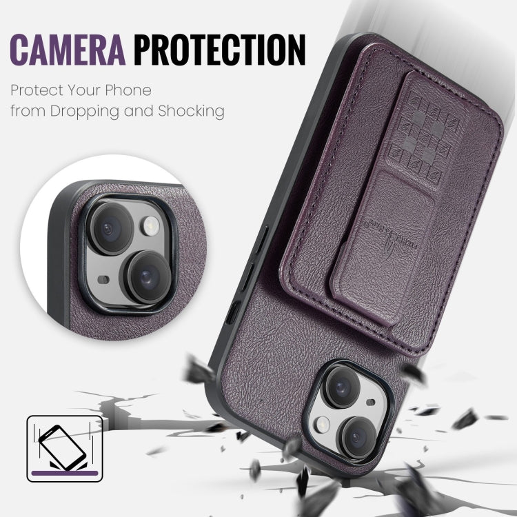 For iPhone 15 Plus Fierre Shann Oil Wax Cow Leather Card Holder Back Phone Case(Purple)