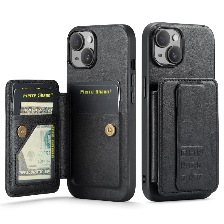 For iPhone 15 Fierre Shann Oil Wax Cow Leather Card Holder Back Phone Case(Black)