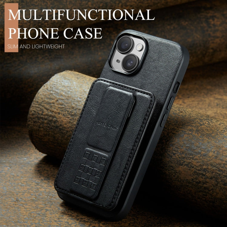 For iPhone 15 Fierre Shann Oil Wax Cow Leather Card Holder Back Phone Case(Black)