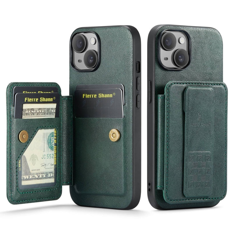 For iPhone 15 Fierre Shann Oil Wax Cow Leather Card Holder Back Phone Case(Green)
